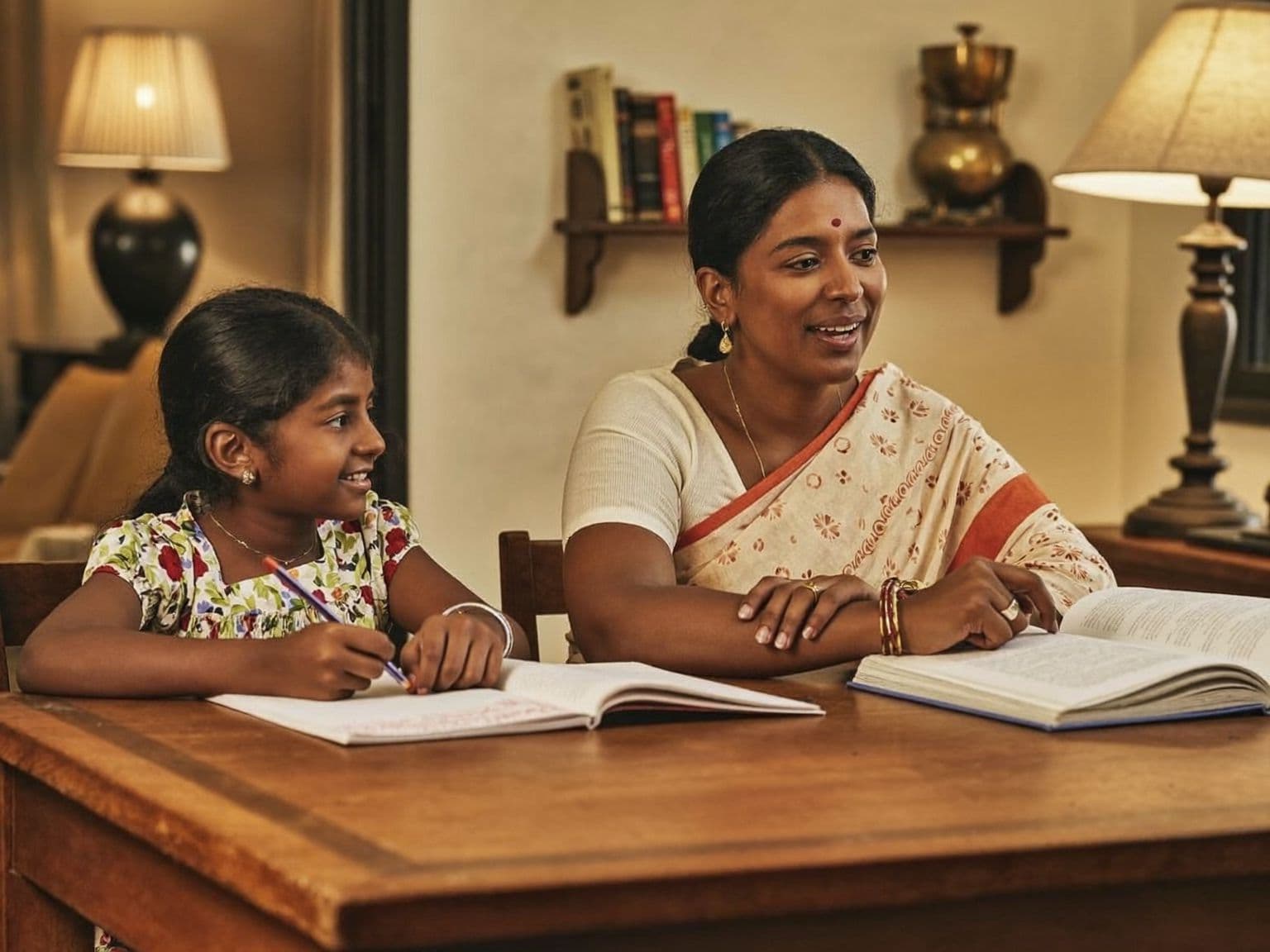 A mother and daughter studying together at home