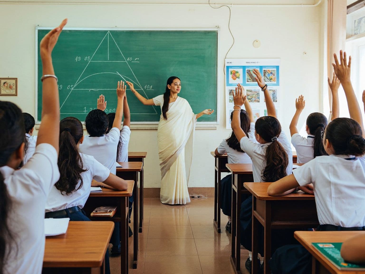 A teacher at the chalkboard with students raising their hands