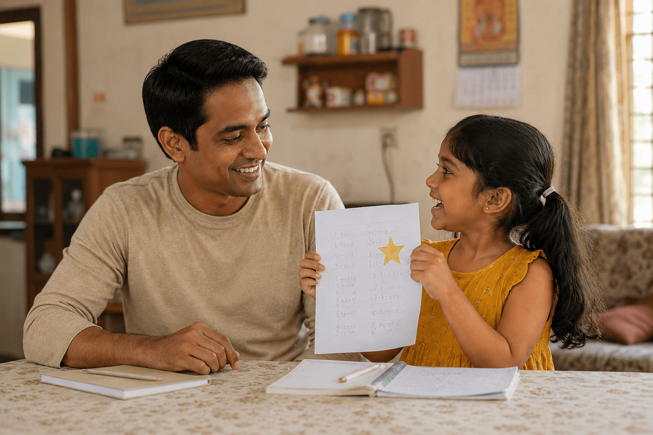 A parent and child studying together at home