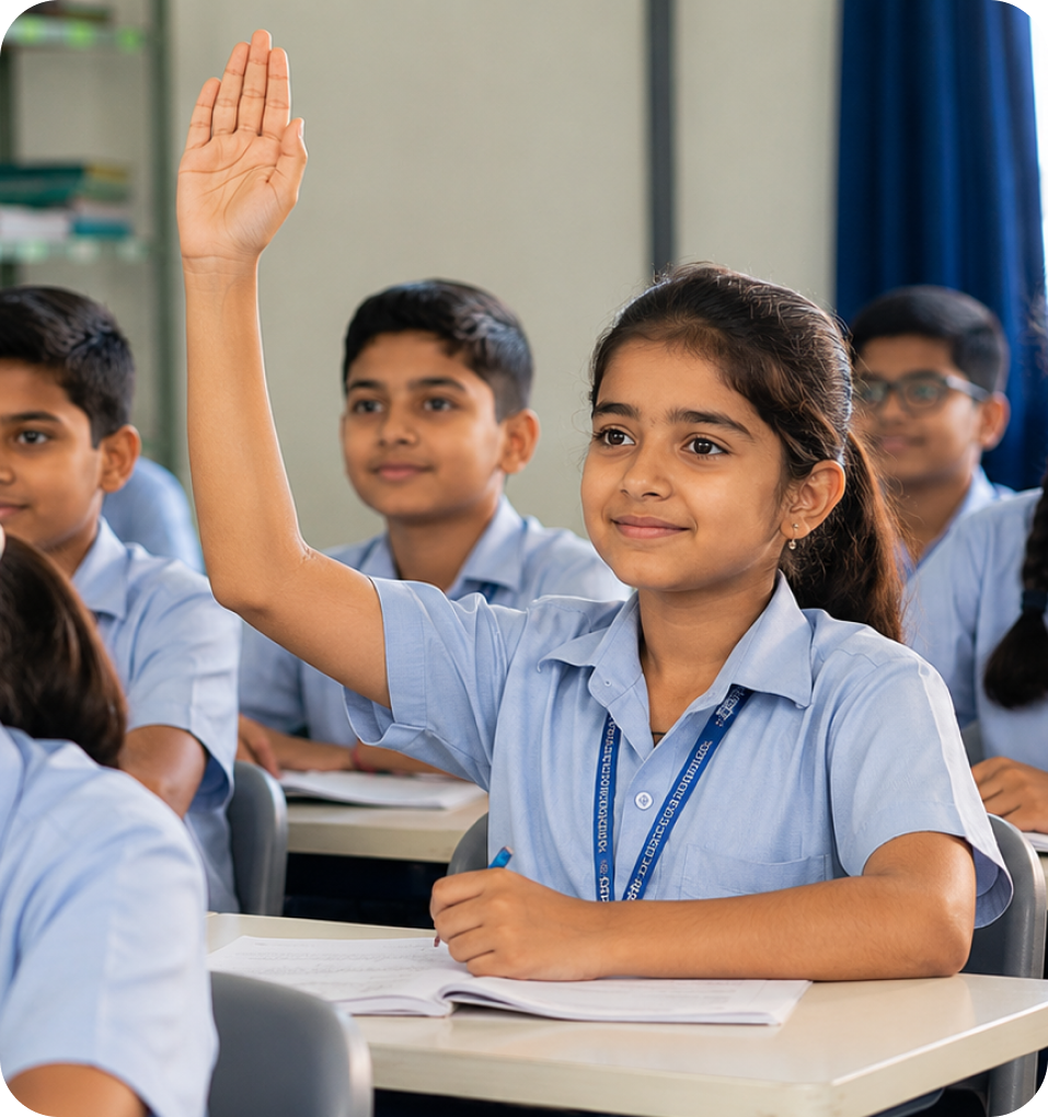 Student raising hand to answer in class