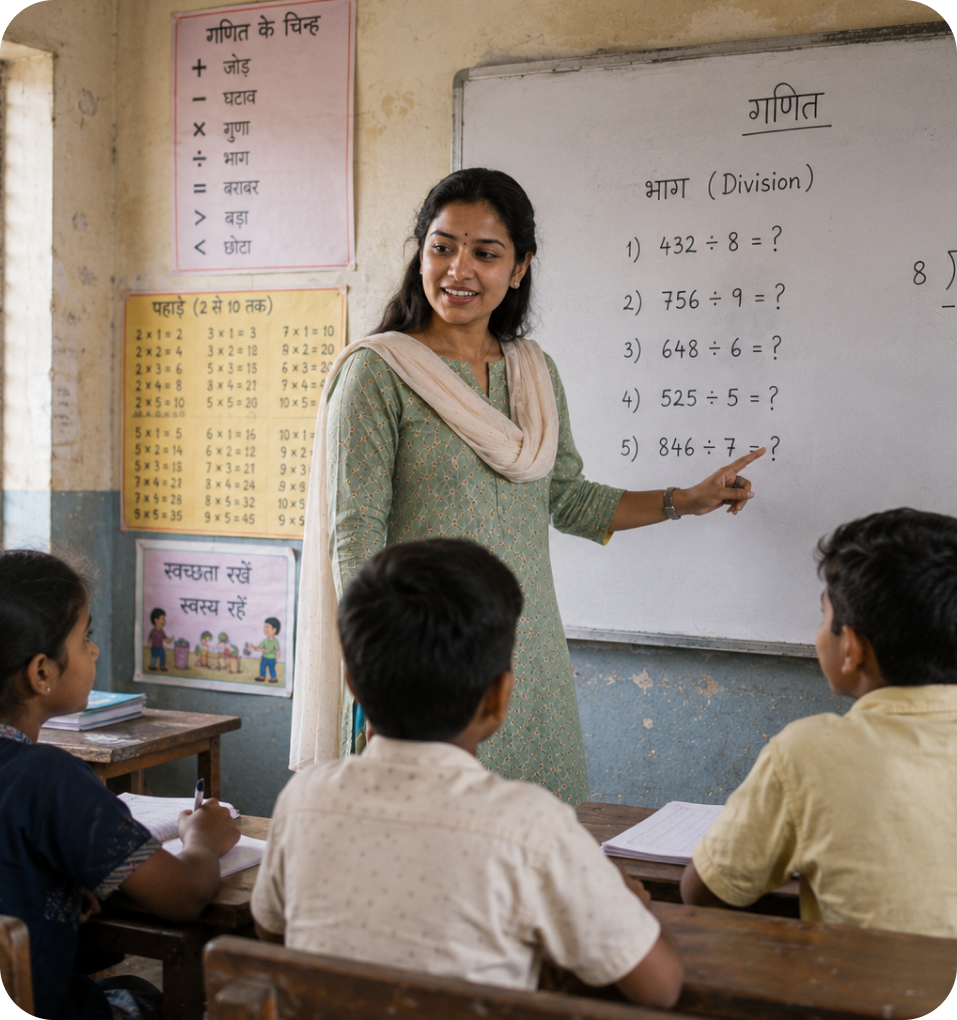 Teacher pointing at math problems on the board